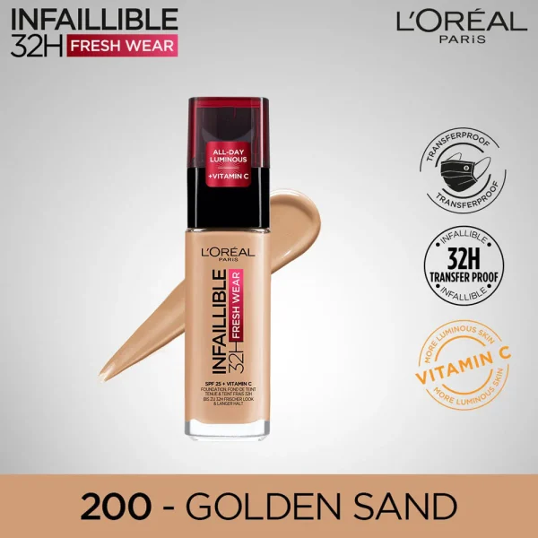 Loreal Infallible Liquid Foundation 24H Fresh Wear - 200 Golden Sand 43